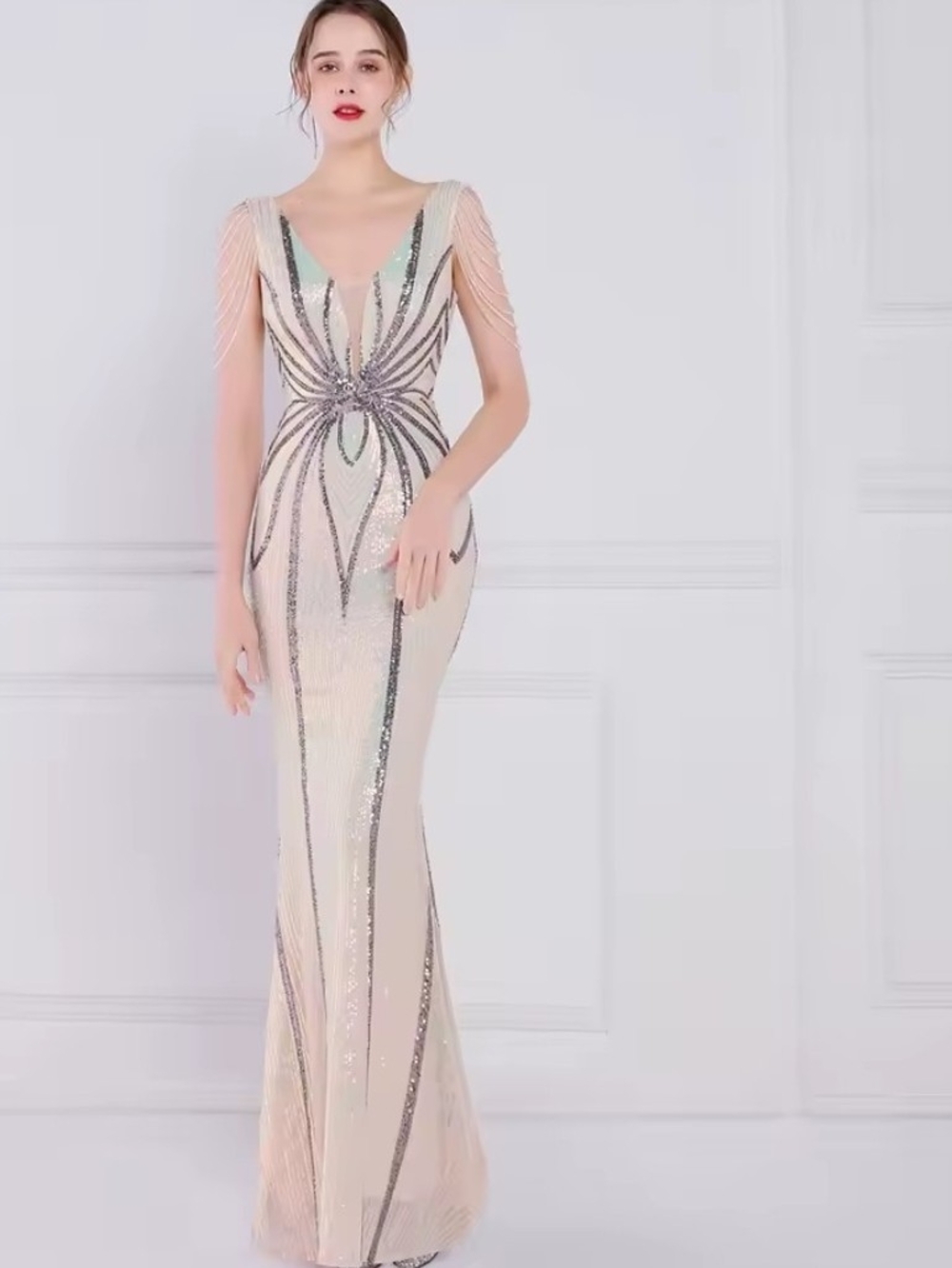 Ivory Sequin Evening Gown with Draped Beaded Shoulders